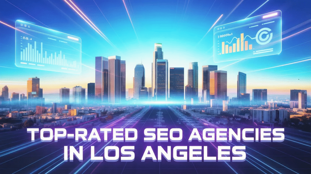 Top-rated SEO agencies in Los Angeles with downtown skyline and digital analytics overlay