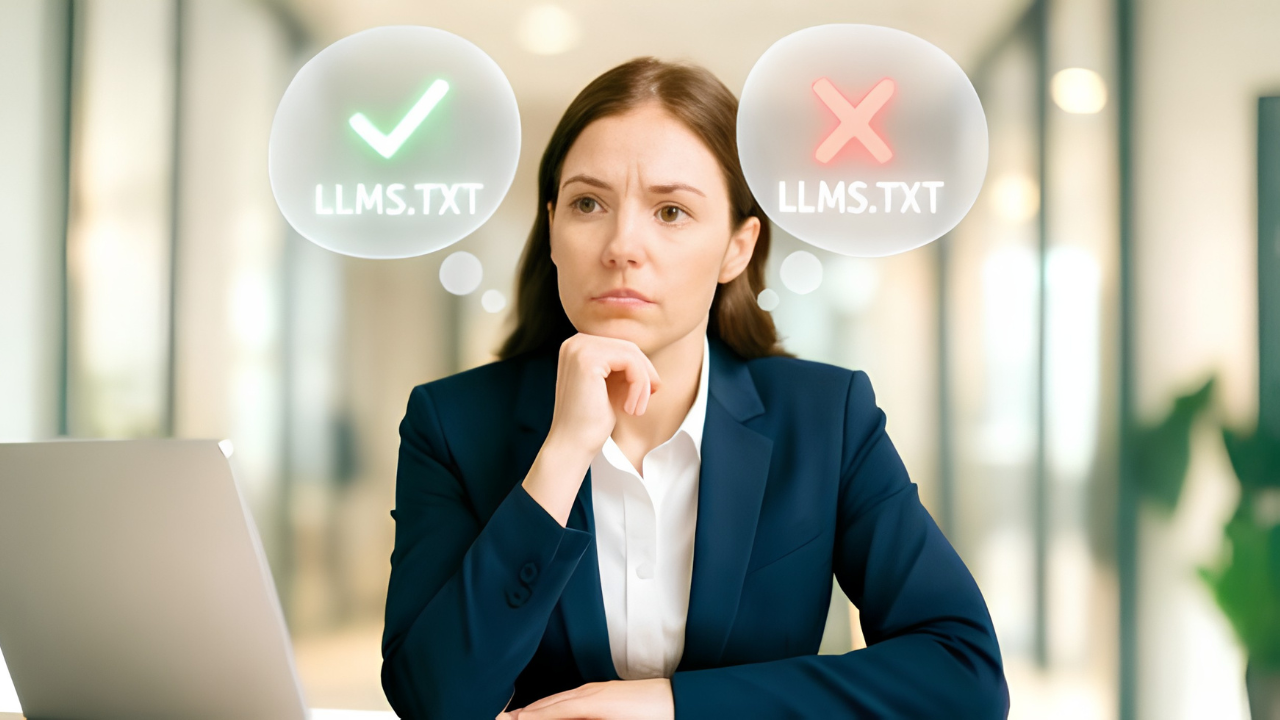 Business decision-maker weighing the pros and cons of llms.txt for AI search strategy and safe SEO implementation.