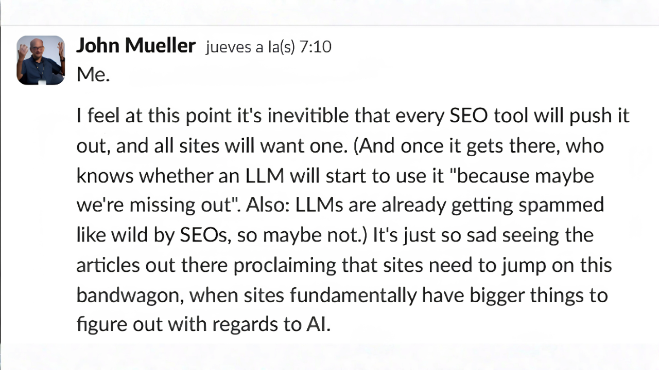 John Mueller comment highlighting the llms.txt debate around SEO tools, AI search hype, and whether websites need the file.