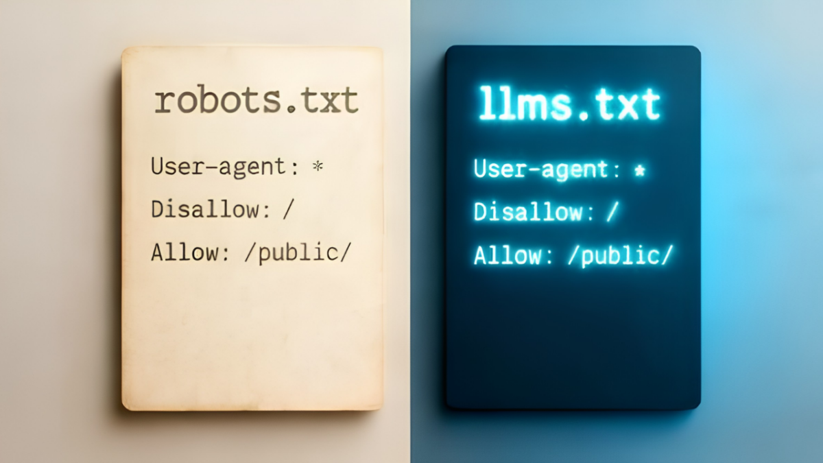 Visual comparison of robots.txt and llms.txt files showing crawler access rules for AI search and indexing control.
