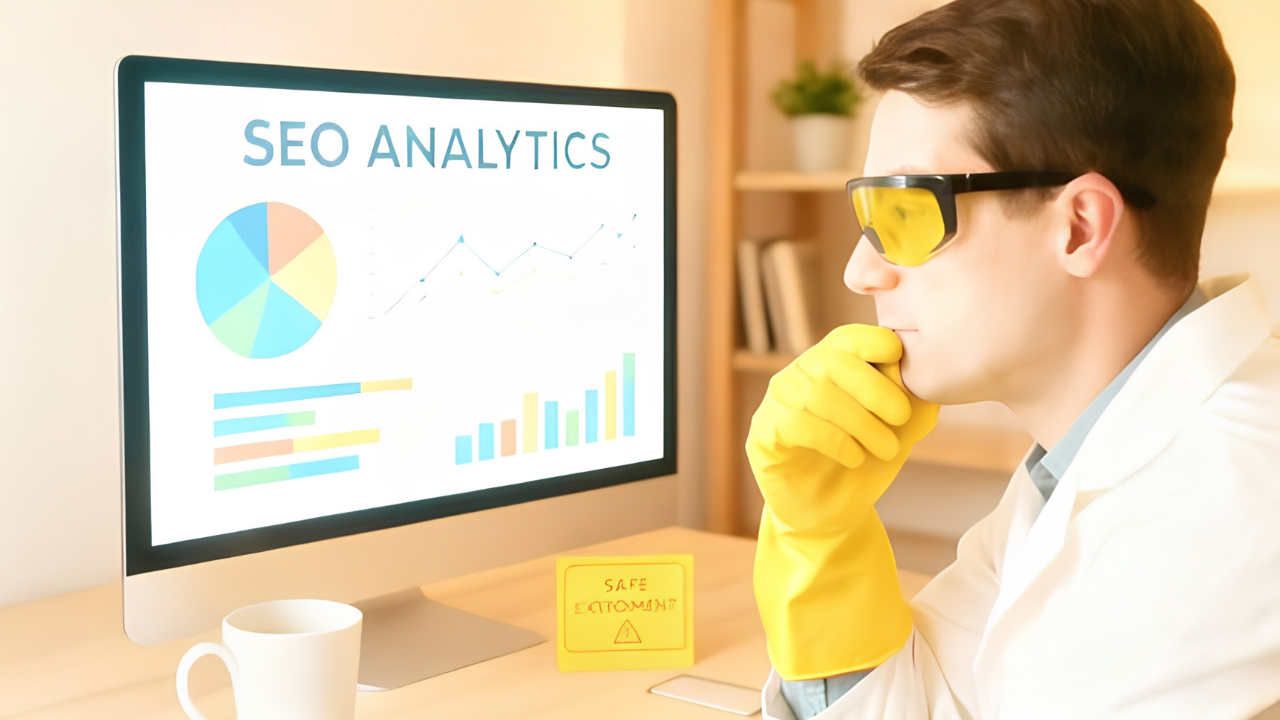 SEO analyst reviewing safe llms.txt testing practices with analytics before experimenting with AI search visibility.